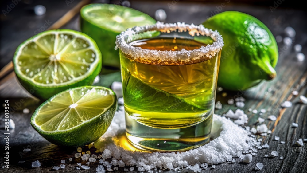 Vibrant green lime slice and sprinkle of salt accompany a gleaming glass filled with a rich amber liquid, awaiting indulgence.