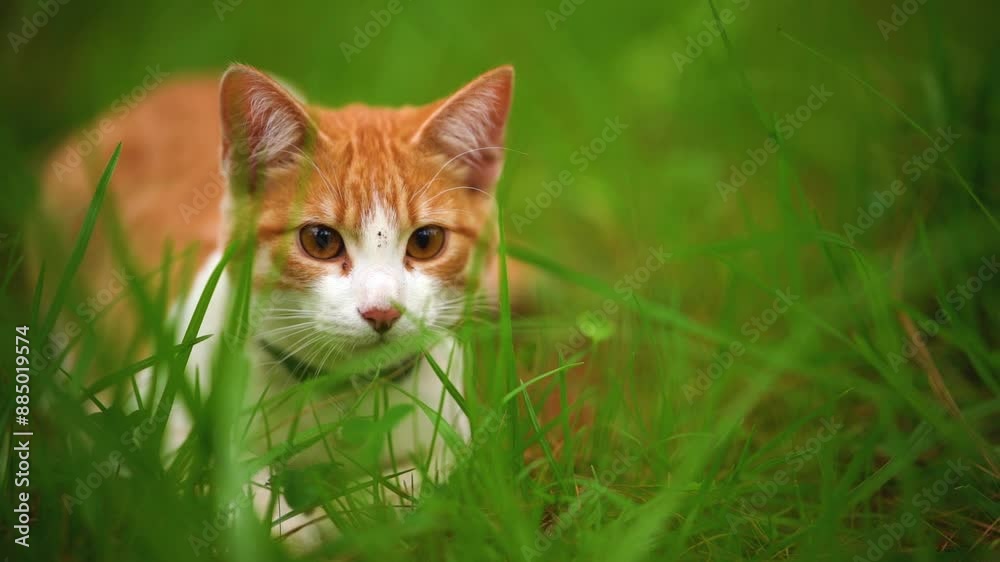 Brown cat sitted in grass looking at camera. Cats and kittens. Close up of cat face. Pet cats. Active cat footage.