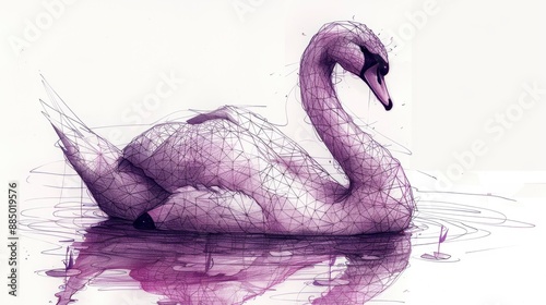  Drawing of a serene swan with lilies, frame, tattoo, paper, minimalist, white, black background, green, geometric photo