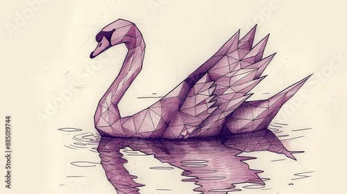  Drawing of a serene swan with water, frame, tattoo, paper, minimalist, white, black background, blue, geometric. photo