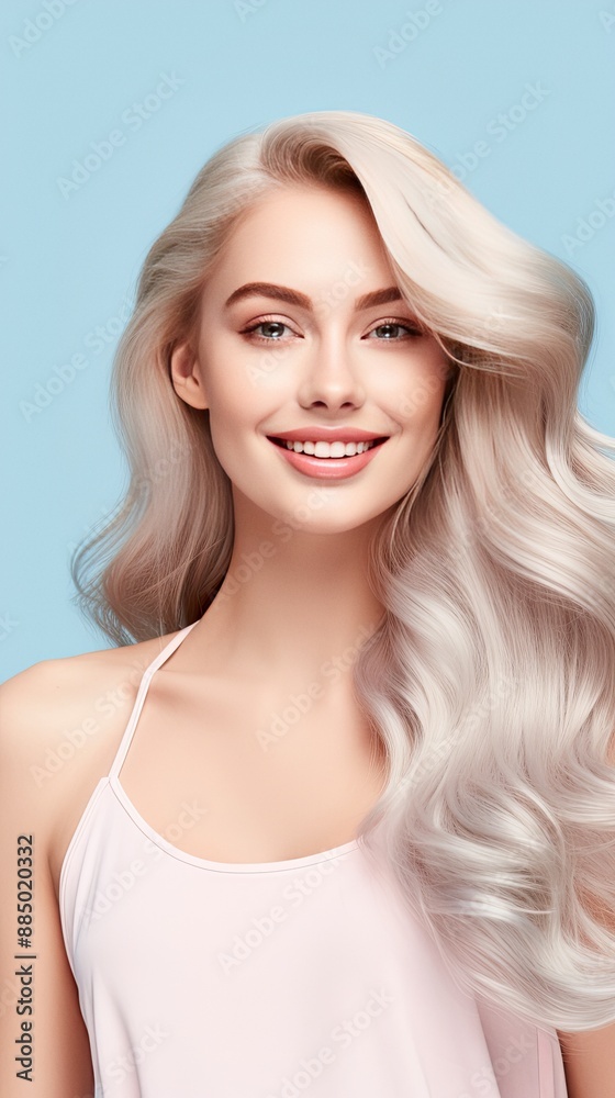 Fototapeta premium Smiling young woman with blond hair on pastel flat background with copy space