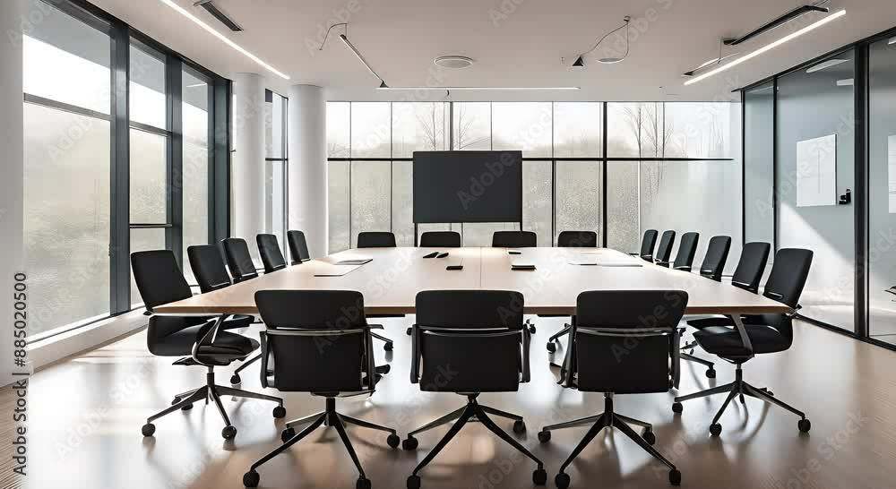 Stylish virtual conference room with panoramic views of rolling hills and clear blue sky. Stylish virtual conference room with panoramic views of rolling hills and clear blue sky.