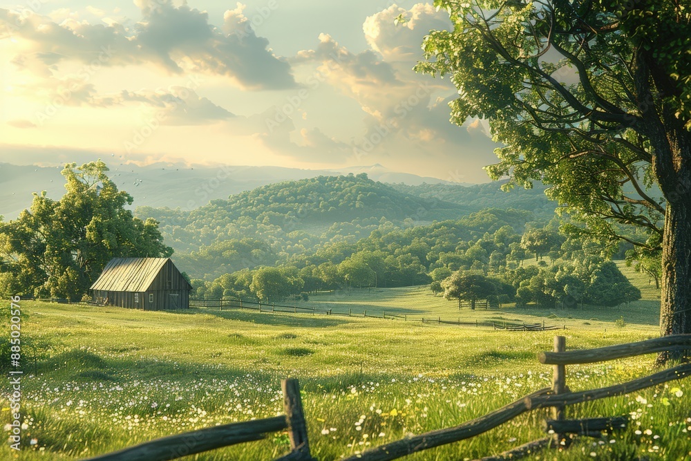 Obraz premium Idyllic countryside with farmhouse in rolling hills at sunset