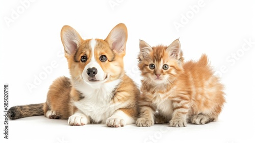 Affectionate corgi puppy and fluffy red kitten sitting side by side, isolated on white. Sweet pet bond.