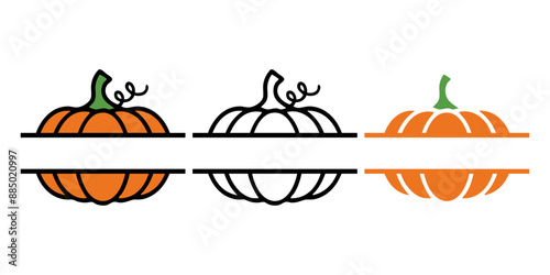 Grupo de silueta de calabazas con línea exterior y relleno con banner horizontal. Logo para felicitaciones y tarjetas