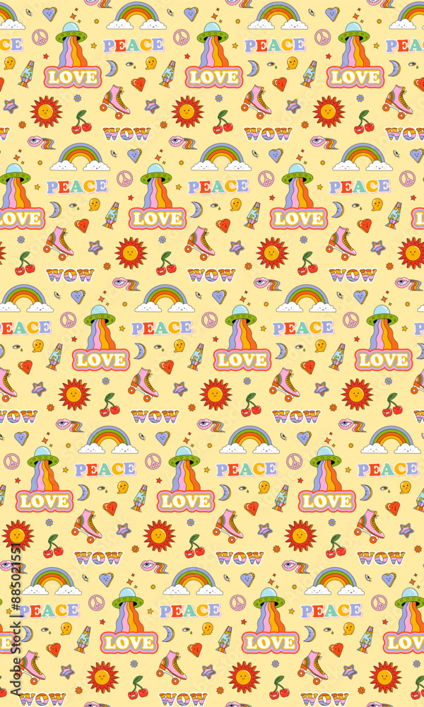 Obraz premium Groovy retro seamless vector pattern. Pattern includes roller skates, flowers, hearts, cherries, UFO, lettering, sun, psychedelic.