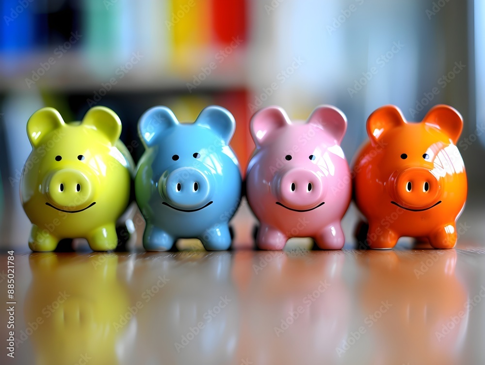 Obraz premium Multiple colorful piggy banks photographed front and back blurred
