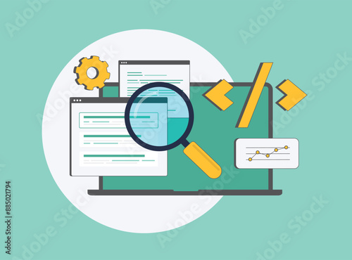 Technical SEO optimization with website audit, on-page SEO, meta tags optimization. Improve site speed, crawlability, backlinks and structured data. Technical seo vector illustration with icons