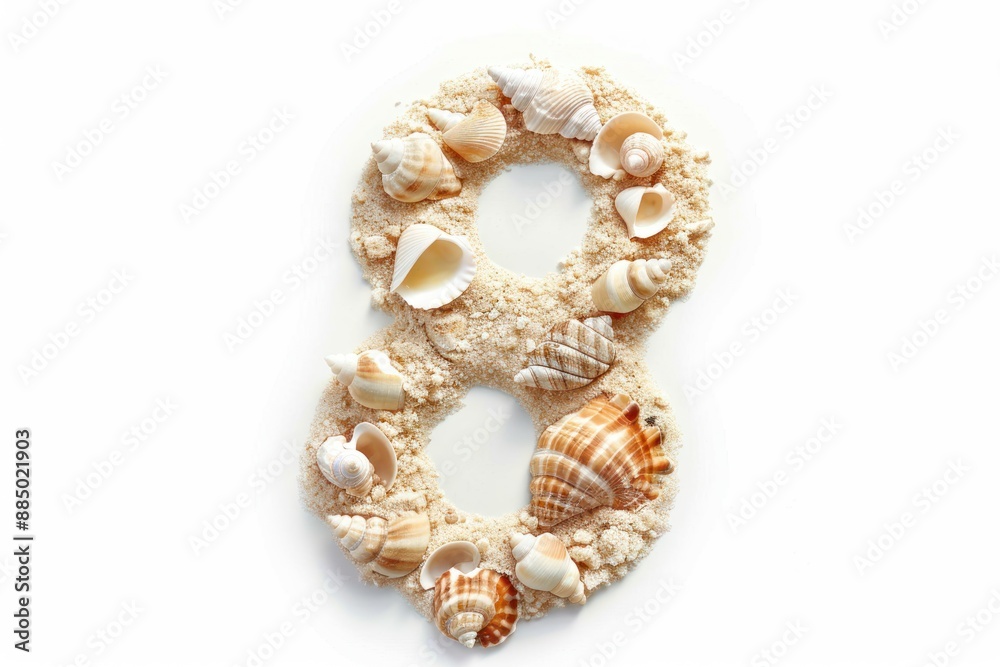 Number 8 in shape of sand with shells Isolated on white background Number 8 in shape of sand with shells Isolated on white background
