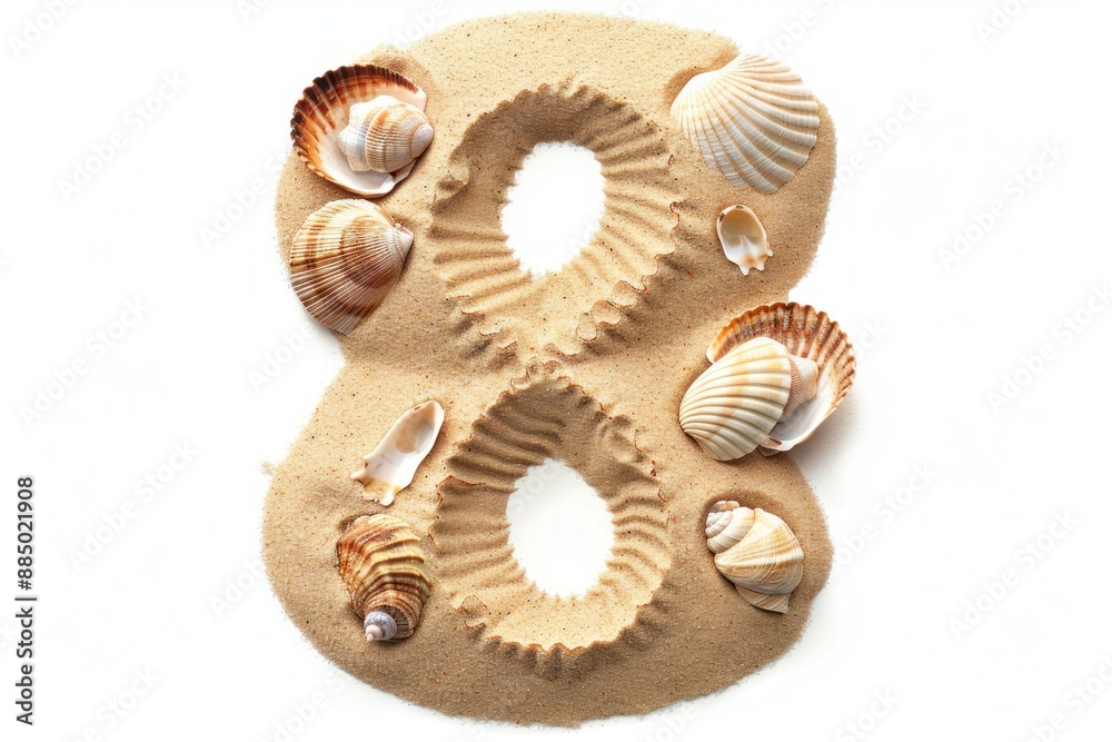 Number 8 in shape of sand with shells Isolated on white background Number 8 in shape of sand with shells Isolated on white background