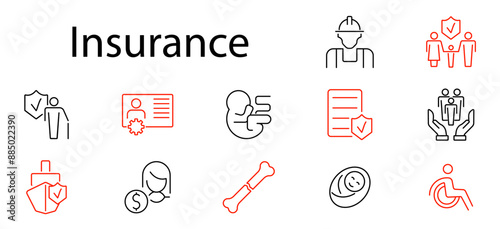 Insurance set icon. Safe, car, money, pet, scale, fire, travel, shield, cost, repair, life, health, policy, protection, financial, security, coverage, risk, assistance.