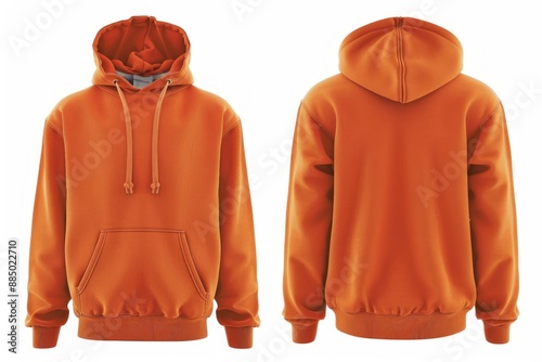 orange hoodie sweater photo with front and back view Isolated on white background