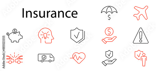 Insurance set icon. Family, health, car, house, travel, life, document, fire, security, policy, coverage, risk, protection, financial, shield, assistance, safety, cost, plan.