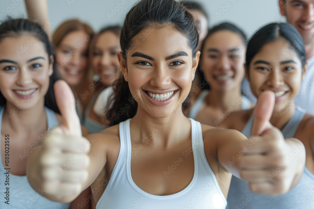Obraz premium Group of happy young adults giving thumbs up in a bright room, all smiling and wearing casual attire. Teamwork, positivity, success, youth, group activity concept.