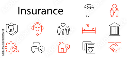 Insurance set icon. Car, health, house, life, money, travel, baby, pet, umbrella, fire, document, policy, protection, financial, security, risk, coverage, assistance, plan.