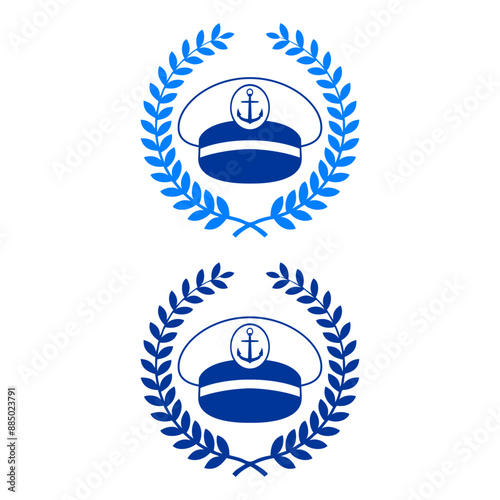 Logo nautical. Sombrero de capitán de barco con corona de laurel