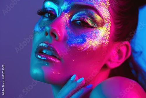 Portrait of beautiful woman posing in neon lights, Art design colorful make up