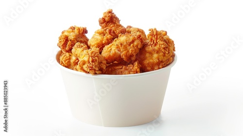 Crispy fried chicken pieces, nuggets, and chicken skin in a paper bucket, isolated on white background with clipping path