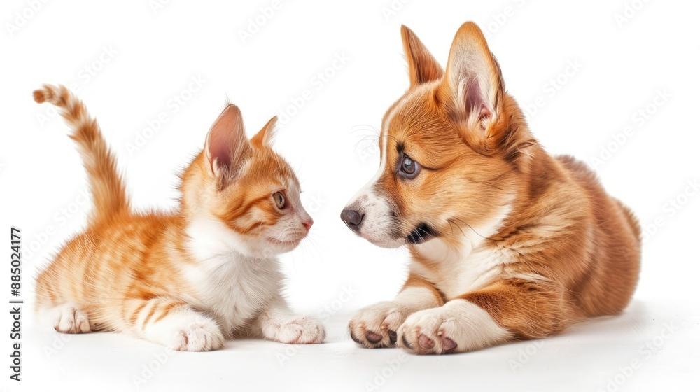 Curious corgi puppy and red kitten exploring together on a white backdrop. Cute and playful pet interaction. Curious corgi puppy and red kitten exploring together on a white backdrop. Cute and playful pet interaction.