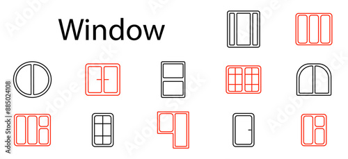 Window set icon. Circular, double, sliding, arched, casement, bay, picture, modern, home, architecture, building, frame, glass, view, transparent, decor, interior, exterior, structure.