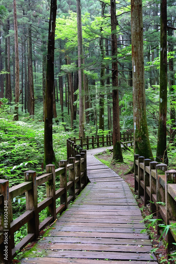 Fototapeta premium A wooden pathway through a dense forest, evoking a sense of adventure and tranquility in nature.