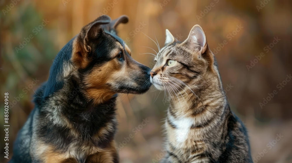 Dog and cat sitting side by side, looking into each other's eyes with curiosity and affection. Pawsitively charming moment. Dog and cat sitting side by side, looking into each other's eyes with curiosity and affection. Pawsitively charming moment.