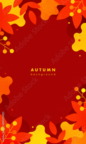 紅葉をイメージした赤い背景。秋のイラスト素材。スマホのバナーや背景に適した縦長のフレーム。