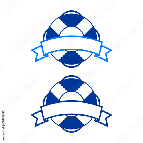 Logo nautical. Banner con silueta de anillo salvavidas con bandera de cinta con líneas