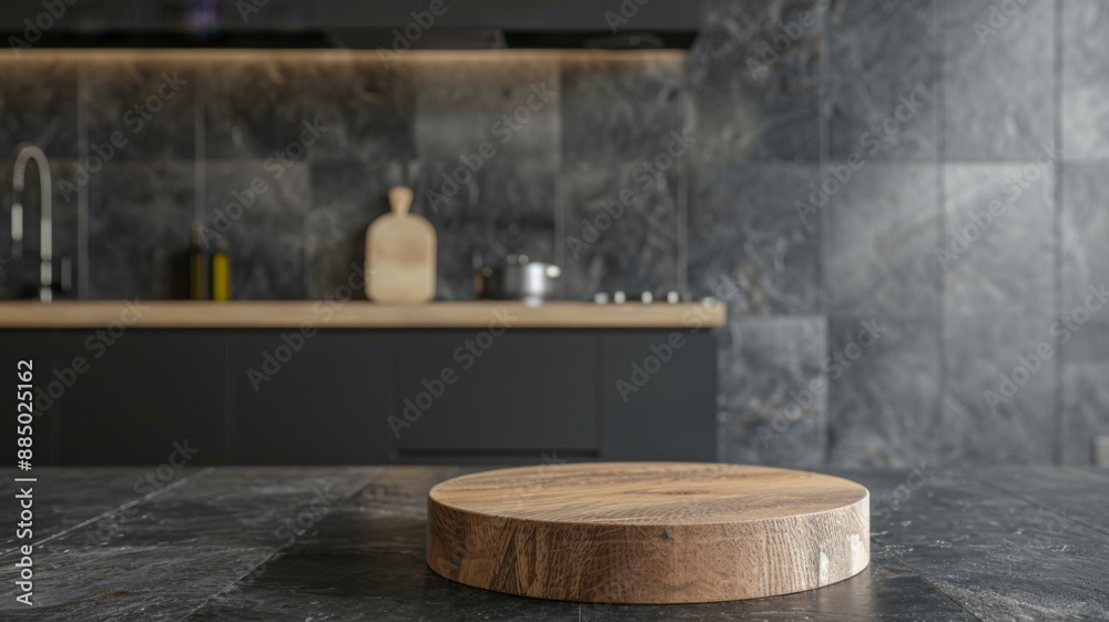 Fototapeta premium Black stone Podium background. Black Concrete Material place for the product Display Presentation. Kitchen, cosmetics, jewellery podium advertising mockup photography in luxury style.