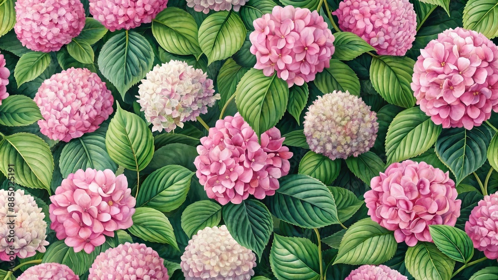 Delicate flora seamless repeating pattern featuring soft pink hydrangea blooms amidst lush green foliage on a subtle botanical backdrop.