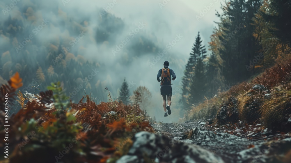 During the run through the challenging trail, the trail runner remains committed to moving forward, never forgetting to appreciate the beauty of nature that propels him onward.