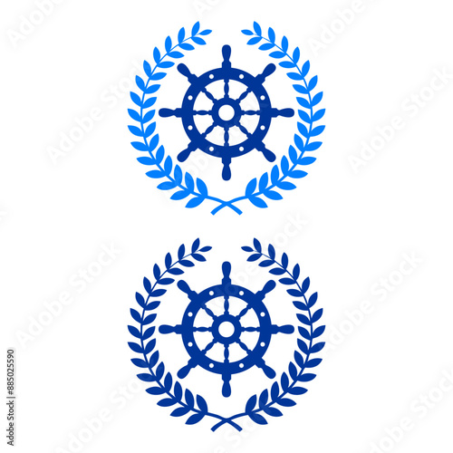 Logo nautical. Silueta de volante de timón de barco con corona de laurel