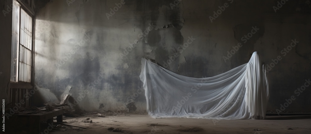 A ghost in white stands in an abandoned building A ghost in white stands in an abandoned building