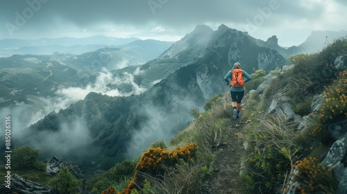 During the run through the challenging trail, the trail runner remains committed to moving forward, never forgetting to appreciate the beauty of nature that propels him onward. photo