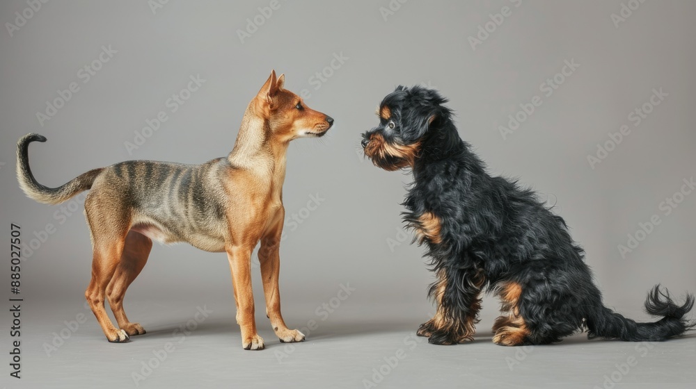 Playful interaction between Jagdterrier and Scottish Straight cat standing tall, showcasing their charming and lively pet dynamics. Studio shot. Playful interaction between Jagdterrier and Scottish Straight cat standing tall, showcasing their charming and lively pet dynamics. Studio shot.