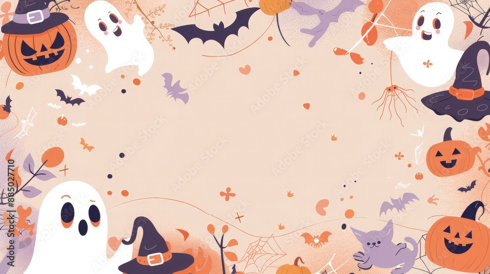 Halloween-themed background with smiling pumpkins, friendly ghosts, and cheerful witches in pastel colors, ideal for text placement Halloween-themed background with smiling pumpkins, friendly ghosts, and cheerful witches in pastel colors, ideal for text placement