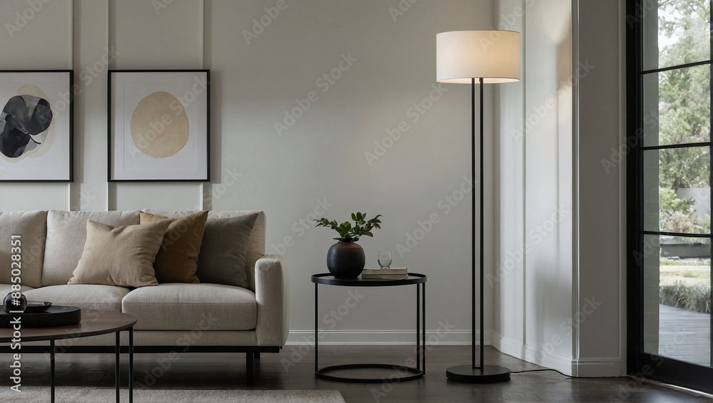 Fototapeta premium A sleek minimalist floor lamp with a slim black metal