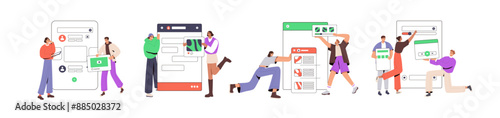 UX UI designers concept set. People create design of mobile app interface. Team builds prototypes of screens, improves usability of web sites. Flat isolated vector illustrations on white background