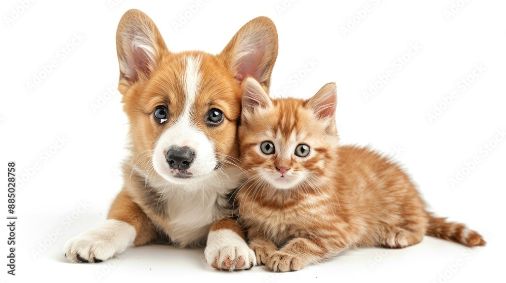 Welsh corgi pup and red kitten sitting peacefully side by side, isolated on white. Charming pet duo.