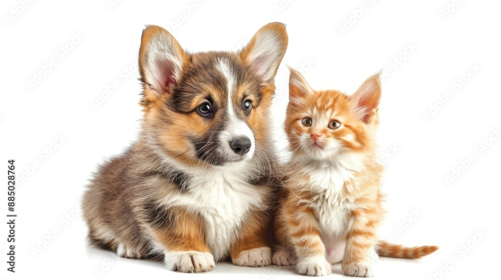 Welsh corgi pup and fluffy red kitten sitting peacefully side by side, isolated on white. Delightful pet companions. Welsh corgi pup and fluffy red kitten sitting peacefully side by side, isolated on white. Delightful pet companions.
