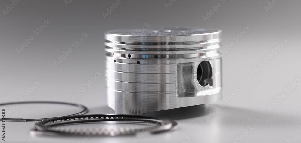 Close-up of forcer and piston rings, internal combustion engine on grey background. Car details, transport, component concept Close-up of forcer and piston rings, internal combustion engine on grey background. Car details, transport, component concept