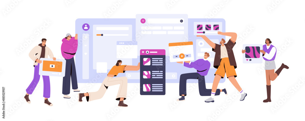 Designers team creates web app interface together. Concept of teamwork in UX UI design processes. People build prototypes from digital elements. Flat isolated vector illustration on white background Designers team creates web app interface together. Concept of teamwork in UX UI design processes. People build prototypes from digital elements. Flat isolated vector illustration on white background