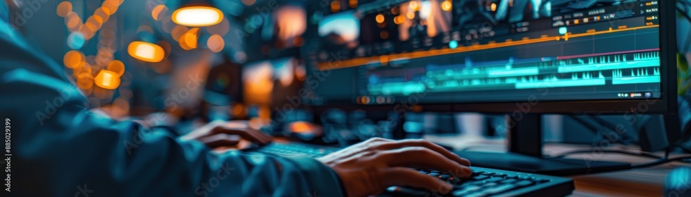 Close-up of a video editor working on a project in a professional studio with advanced editing software on a computer screen, highlighting precision work. Close-up of a video editor working on a project in a professional studio with advanced editing software on a computer screen, highlighting precision work.