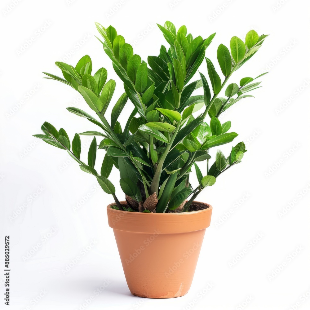 Bright green flowerpot zamioculcas plant in a pot with lush leaves on a white background. Bright green flowerpot zamioculcas plant in a pot with lush leaves on a white background.