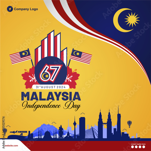 67th Malaysia Independence Day 2024 celebration poster, banner, background, greeting card, template. Design with 67 logo, landmarks and social media spot. Malaysia vector illustration