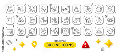 Fahrenheit thermometer, Medical food and Leaf line icons pack. 3d design elements. Shield, Brain working, Fair trade web icon. Pillow, Stress, Organic product pictogram. Vector