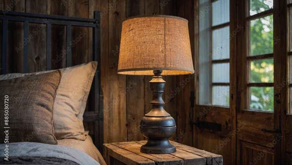 A rustic table lamp made from reclaimed wood and iron