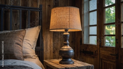 Obraz na płótnie A rustic table lamp made from reclaimed wood and iron w salonie