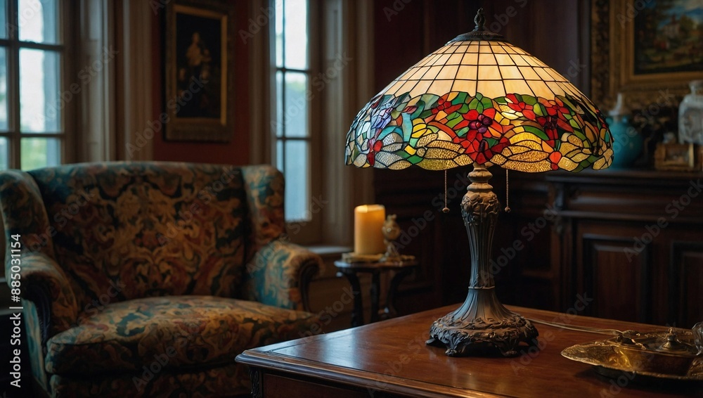 A beautiful Tiffany style lamp with a stained glass