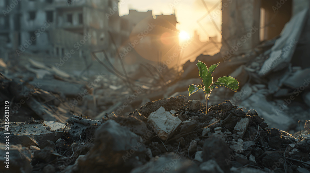Lone plant sprouting in war zone debris at dawn symbolizing new beginnings Lone plant sprouting in war zone debris at dawn symbolizing new beginnings